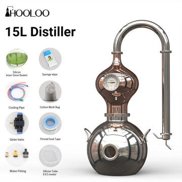 HOOLOO D15 Destilador para uso doméstico Kit de fabricación de acero inoxidable 304 con termómetro Hidrosol Aceite esencial Alcohol Brandy Vodka 4Gal (D15-12Liters/3Gal -Calefacción directa al fuego)...