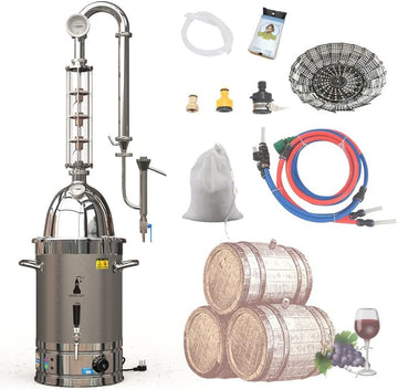 Hooloo Destilador de alcohol para uso doméstico Kit de fabricación de whisky de acero inoxidable 304 con termómetro Whisky Brandy Vodka 6.3Gal (24L) (SV-30-110V)