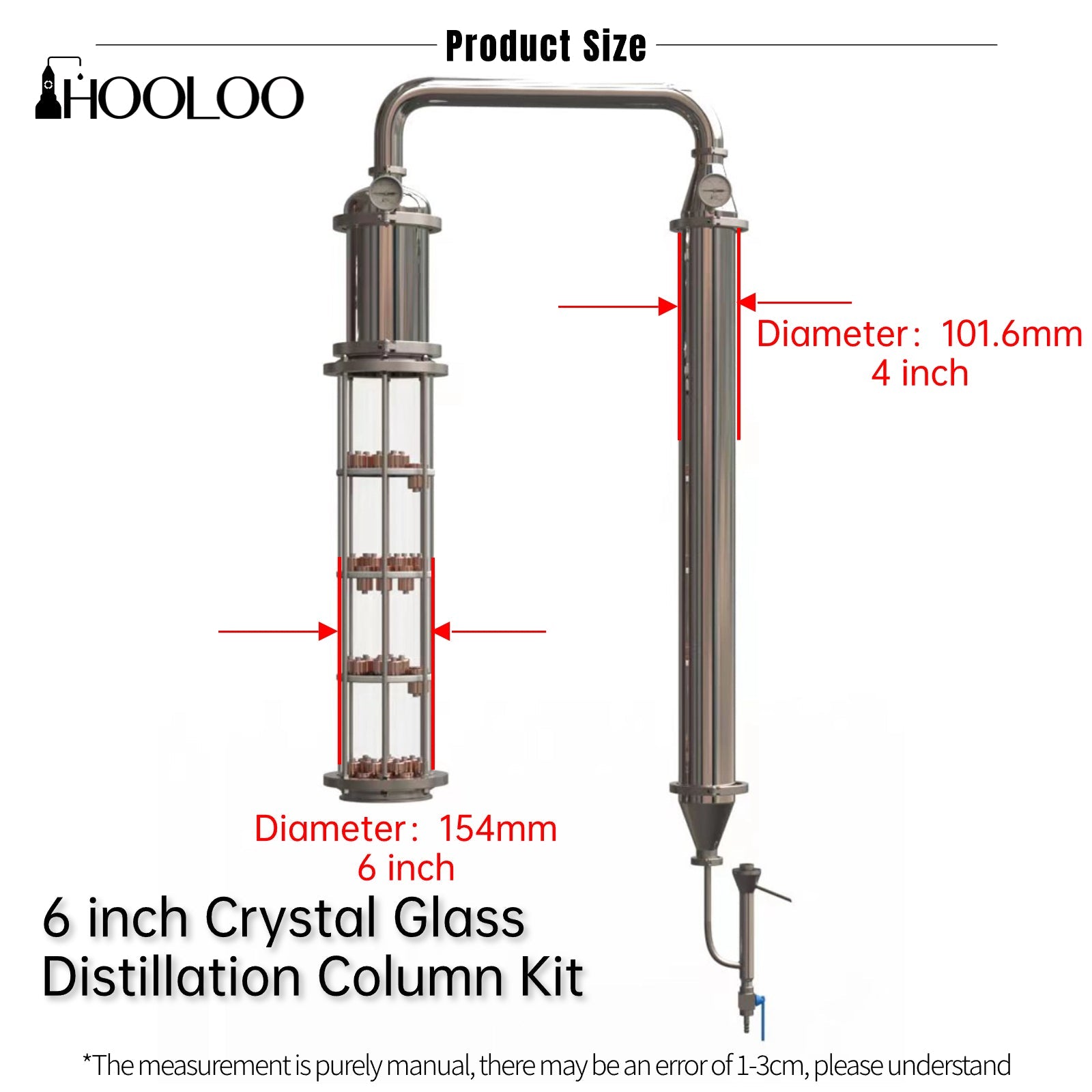 6 inch Crystal Glass/Stainless Steel/Copper Column Kit - Hooloo Distilling Equipment Supply