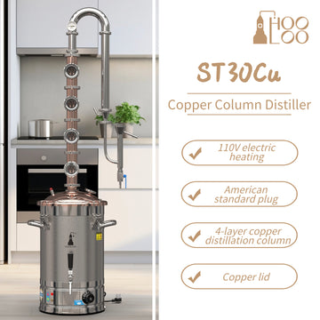 HOOLOO Destilador de alcohol eléctrico de 110 V, columna de cobre, cubierta de cobre, alambique con visores, kit de elaboración de vino para bricolaje, whisky, vino, brandy, ginebra, 6,3 gal (24 L) (ST30Cu)