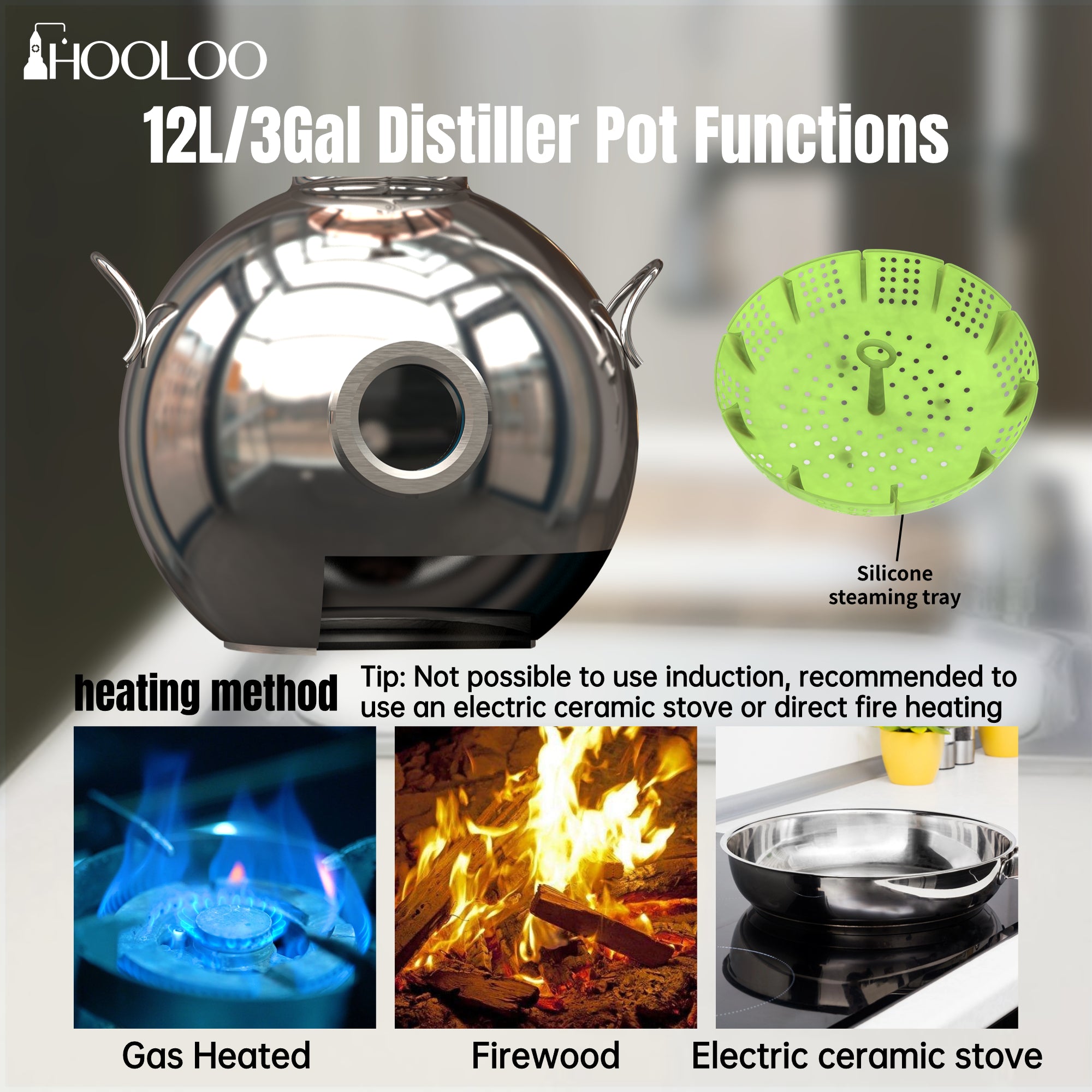 HOOLOO D15 Distiller Still for Home Use Kit 304 Stainless Steel Making Kit with Thermometer Hydrosol Essential Oil Alcohol Brandy Vodka 4Gal (D15-12Liters/3Gal -Direct fire heating)…