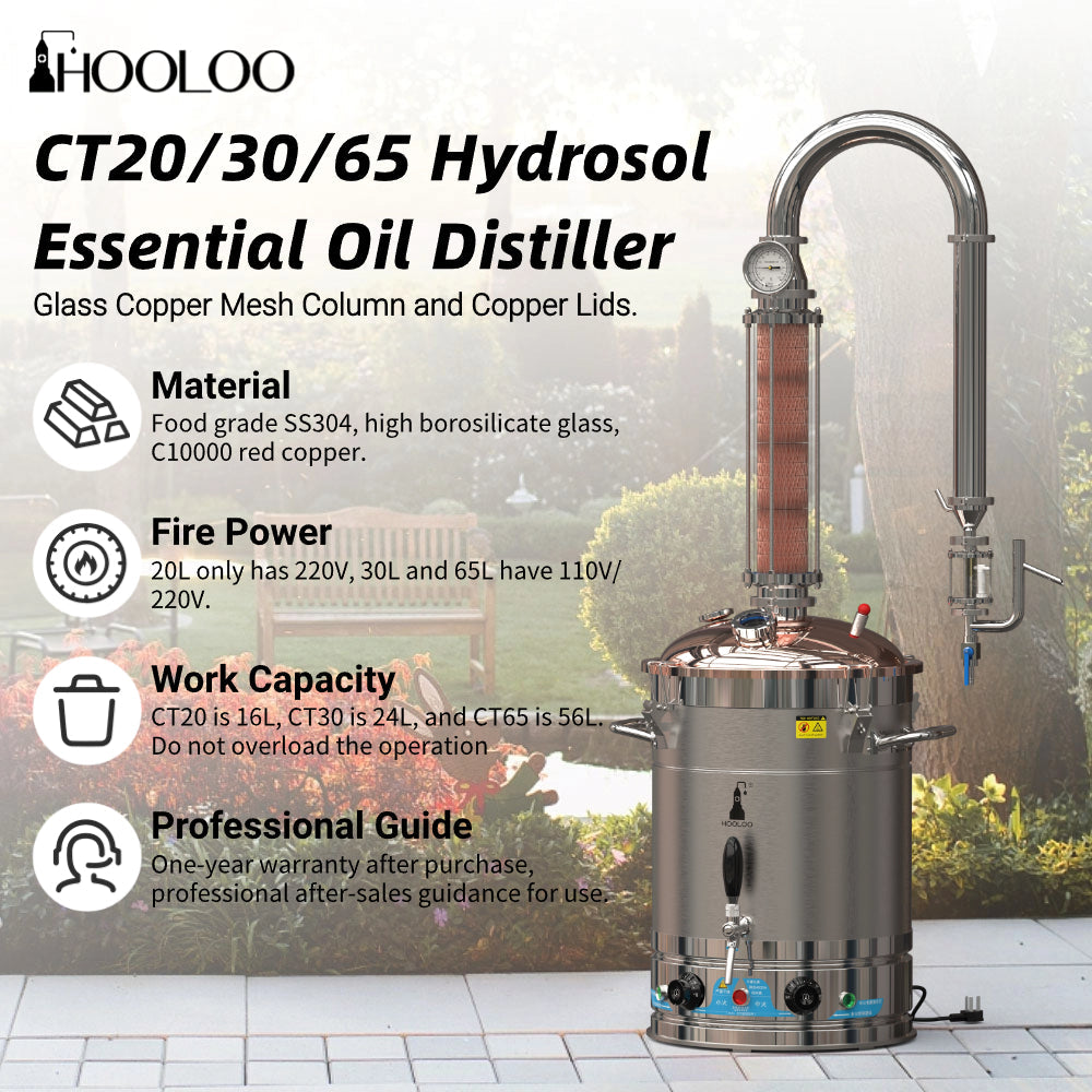 20L/30L/65L Copper Mesh Glass Column Essential Oil Extraction Distiller - Hooloo Distilling Equipment Supply