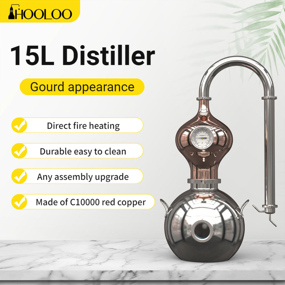HOOLOO D15 Distiller Still for Home Use Kit 304 Stainless Steel Making Kit with Thermometer Hydrosol Essential Oil Alcohol Brandy Vodka 4Gal (D15-12Liters/3Gal -Direct fire heating)…