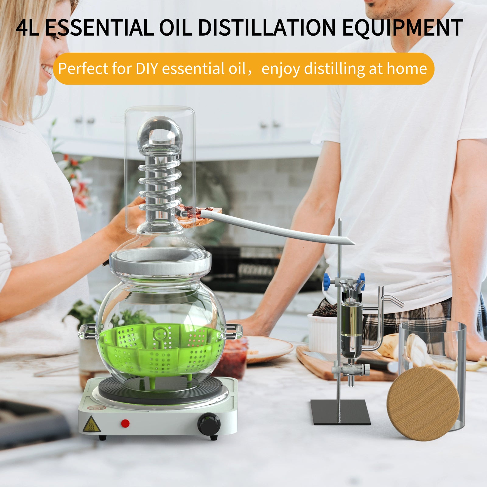 HOOLOO 0.9Gal/3.5L Essential Oil Distillation Apparatus Lab Glassware Distillation Kit with Essential Oil Separator Hydrosol extraction machine water distiller