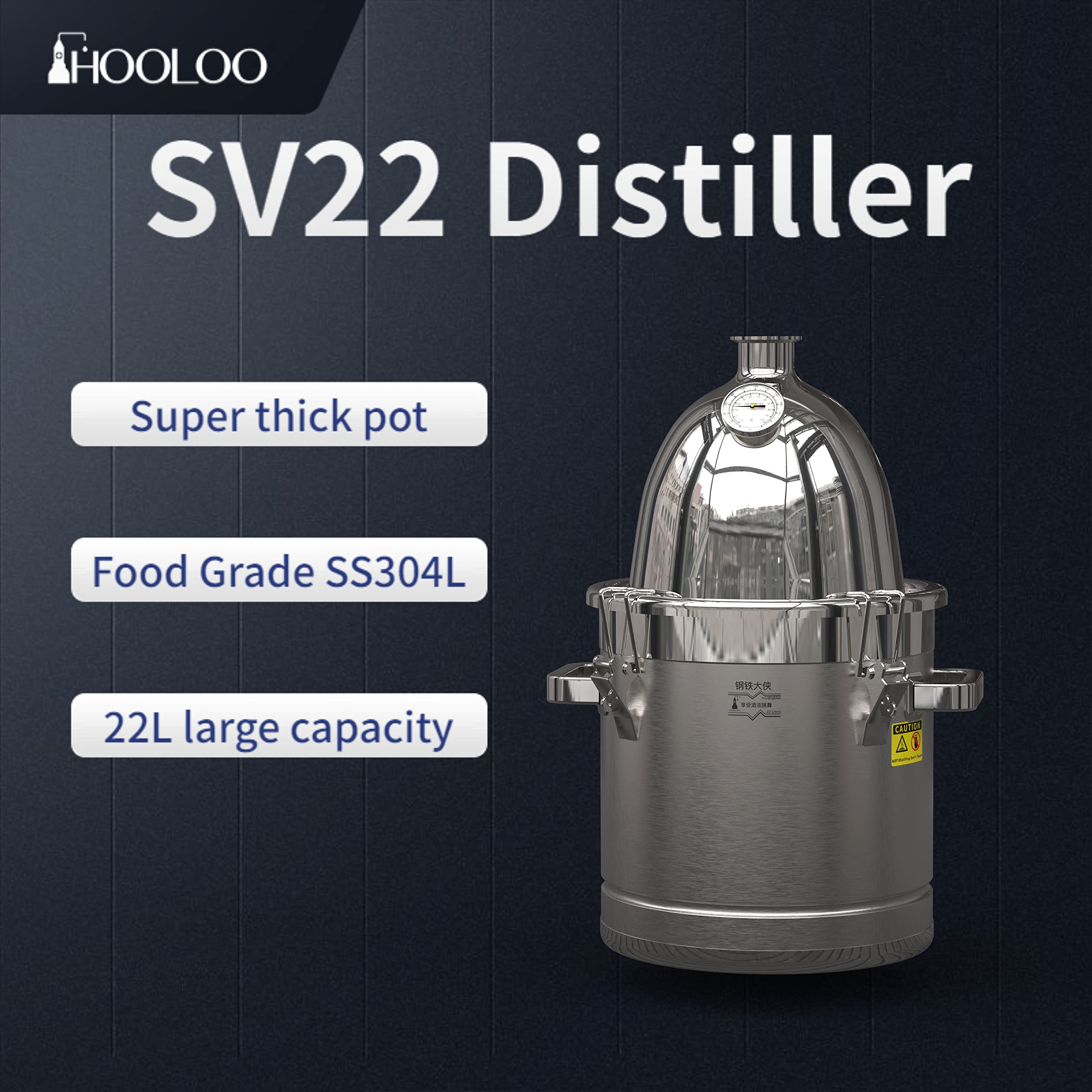 HOOLOO Alcohol Distiller Still for Home Use Kit 304 Stainless Steel Whiskey Making Kit with Thermometer Whiskey Brandy Vodka 4.6Gal (17.6L) (SV-22) (4.6Gallon/17Liters-Rocket Lid-Direct fire heating)