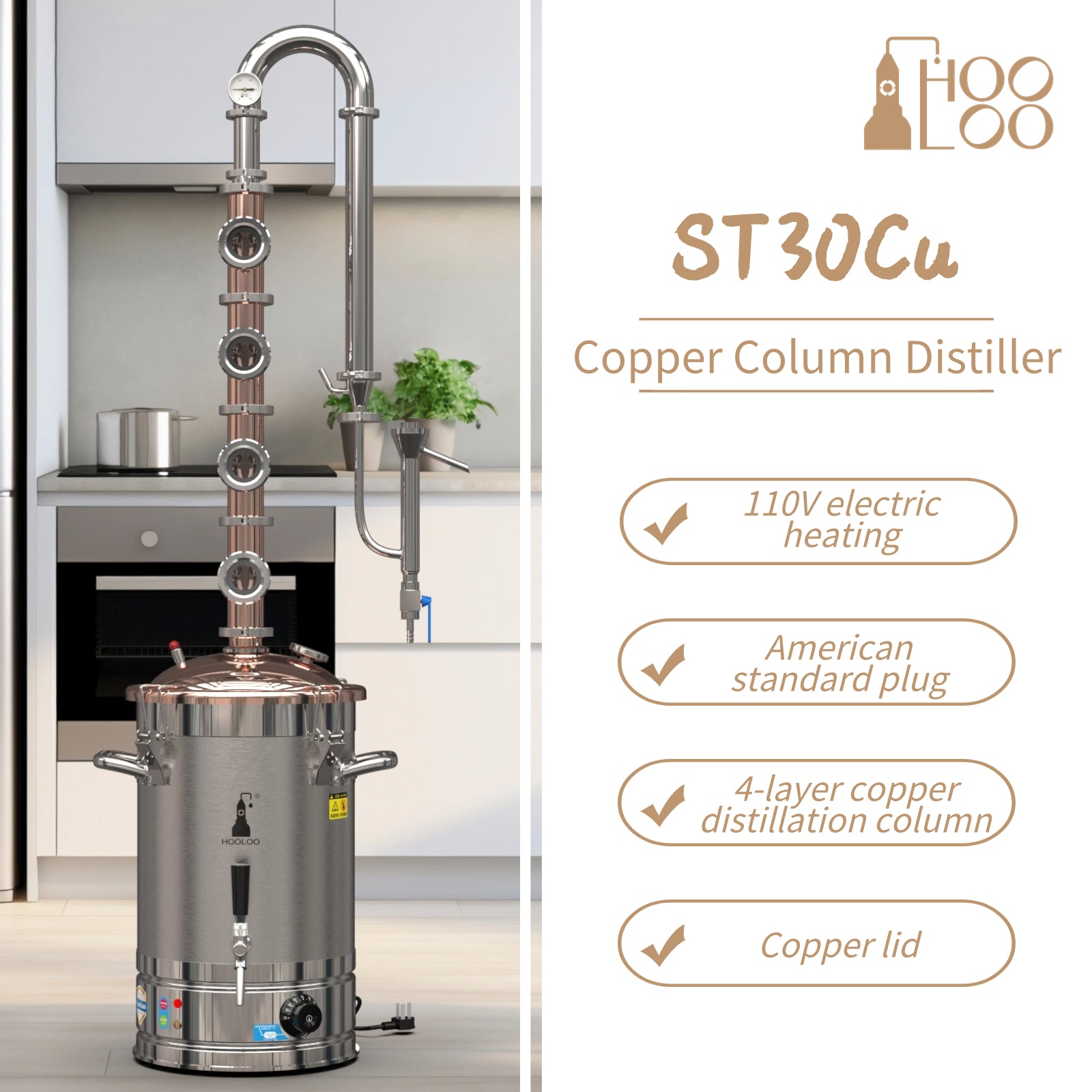 HOOLOO 110V Electric Alcohol Distiller Copper Column Copper Cover Still with Sight Glasses Wine Making Kit for DIY Whisky Wine Brandy Gin 6.3Gal (24L)(ST30Cu)
