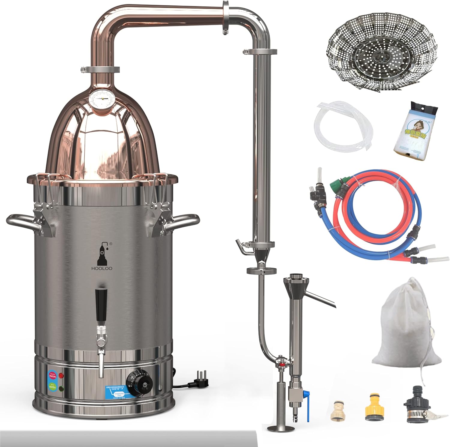 HOOLOO Alcohol Distiller Still for Home Use Kit 304 Stainless Steel Whiskey Making Kit with Thermometer Whiskey Brandy Vodka 6.3Gal (24L) (RT-30) (6.3Gal/24Litres-Rocket Lid-110V)