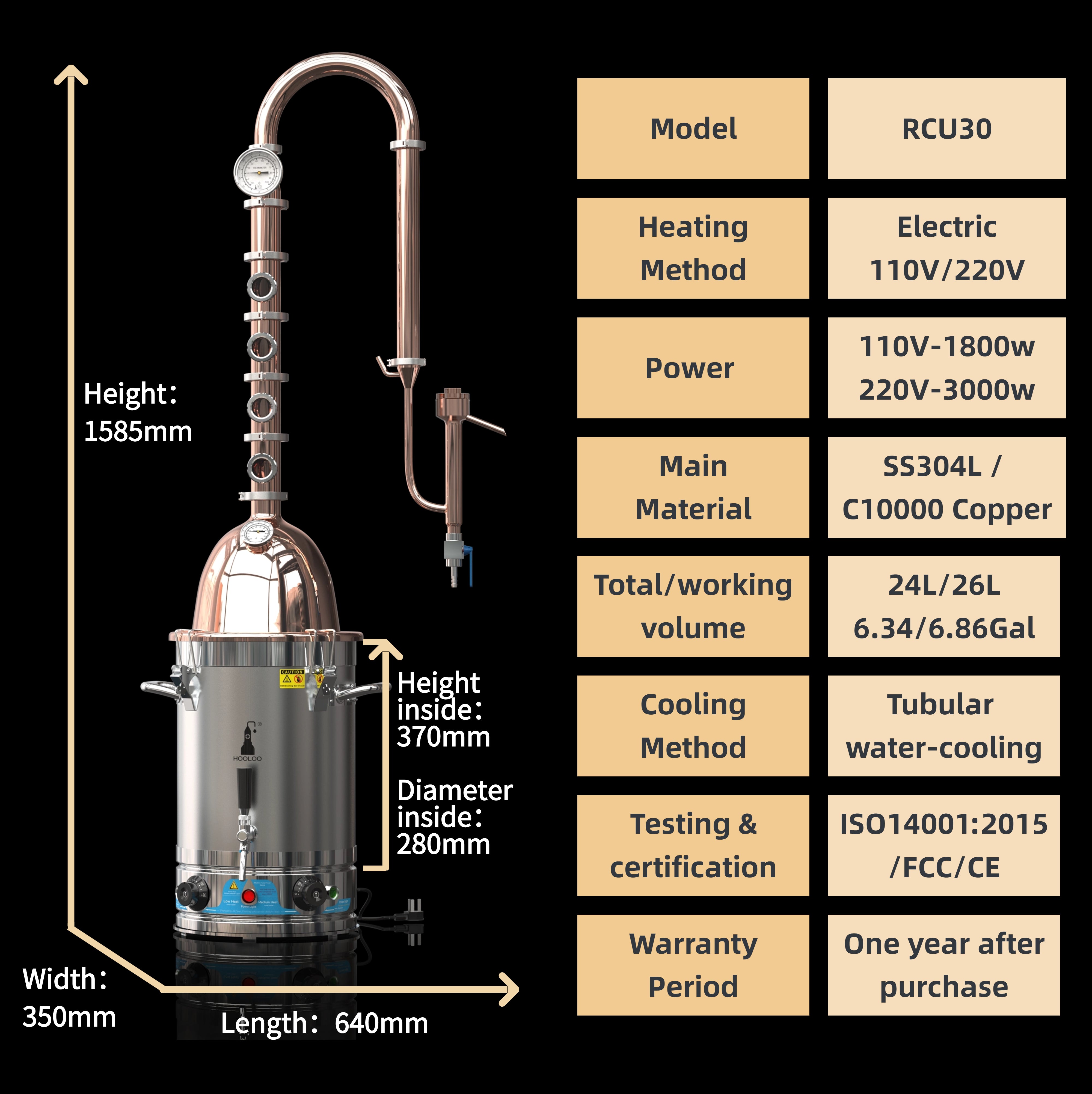 HOOLOO RCU30 Copper Distillation Column Distiller