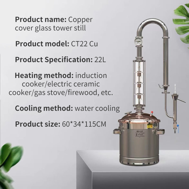 22L/50L Copper Lid Glass Column Distiller(CT22/50 Cu) - Hooloo Distilling Equipment Supply