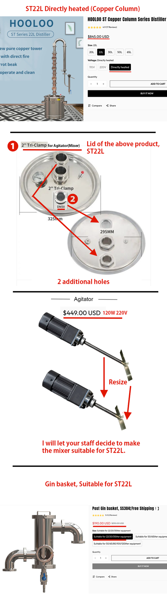 ST22L+Agitator+Gin basket+extra expenses（Including shipping fee） - Hooloo Distilling Equipment Supply